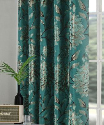 Home Curtains Elanie Fully Lined Floral Metallic 65w x 90d" (165x229cm) Teal Eyelet Curtains (PAIR)