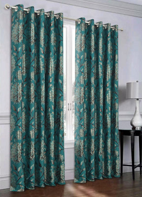 Home Curtains Elanie Fully Lined Floral Metallic 90w x 72d" (229x183cm) Teal Eyelet Curtains (PAIR)