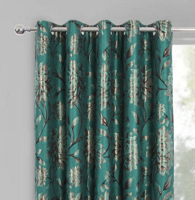 Home Curtains Elanie Fully Lined Floral Metallic 90w x 72d" (229x183cm) Teal Eyelet Curtains (PAIR)