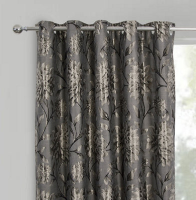 Home Curtains Elanie Fully Lined Floral Metallic 90w x 90d" (229x229cm) Pewter Eyelet Curtains (PAIR)