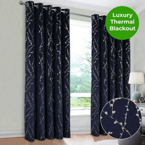 Home Curtains Emily Super Soft Velour Thermal & Blackout Interlining 45w x 54d (114x137cm) Navy Eyelet Curtains (PAIR)