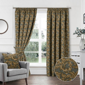 Home Curtains Georgia Chenille Fully Lined Floral 45w x 54d" (114x137cm) Gold Pencil Pleat Curtains (PAIR)
