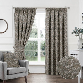 Home Curtains Georgia Chenille Fully Lined Floral 45w x 54d" (114x137cm) Natural Pencil Pleat Curtains (PAIR)