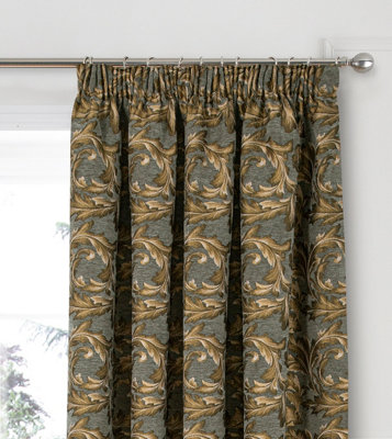 Home Curtains Georgia Chenille Fully Lined Floral 65w x 54d" (165x137cm) Gold Pencil Pleat Curtains (PAIR)