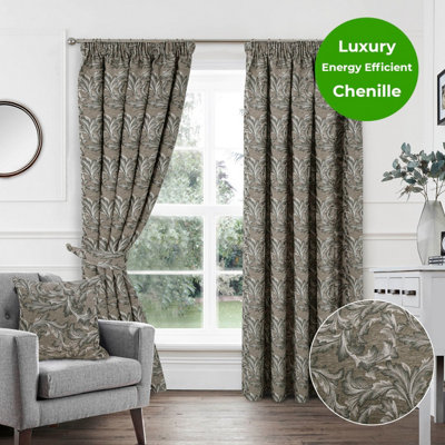 Home Curtains Georgia Chenille Fully Lined Floral 65w x 90d" (165x229cm) Natural Pencil Pleat Curtains (PAIR)