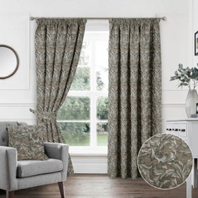 Home Curtains Georgia Chenille Fully Lined Floral 65w x 90d" (165x229cm) Natural Pencil Pleat Curtains (PAIR)