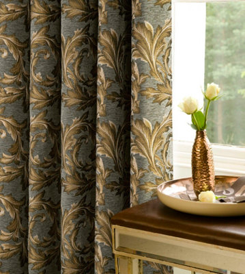 Home Curtains Georgia Chenille Fully Lined Floral 90w x 90d" (229x229cm) Gold Pencil Pleat Curtains (PAIR)