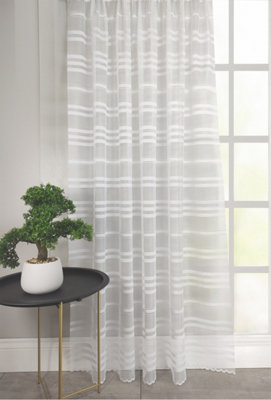 Home Curtains Hampton Stripe Net 500w x 275d CM Cut Lace Panel White