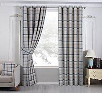 Home Curtains Hudson Woven Check Fully Lined 45w x 42d" (114x107cm) Blue Eyelet Curtains (PAIR)