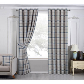 Home Curtains Hudson Woven Check Fully Lined 45w x 42d" (114x107cm) Blue Eyelet Curtains (PAIR)