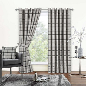 Home Curtains Hudson Woven Check Fully Lined 45w x 42d" (114x107cm) Grey Eyelet Curtains (PAIR)