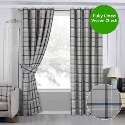 Home Curtains Hudson Woven Check Fully Lined 45w x 45d" (114x114cm) Blue Eyelet Curtains (PAIR)