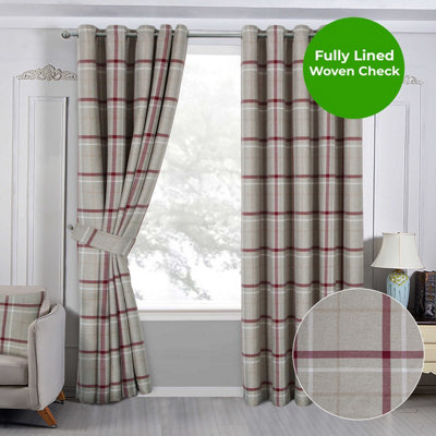 Home Curtains Hudson Woven Check Fully Lined 45w x 45d" (114x114cm) Red Eyelet Curtains (PAIR)