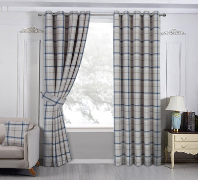 Home Curtains Hudson Woven Check Fully Lined 45w x 48d" (114x122cm) Blue Eyelet Curtains (PAIR)