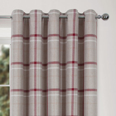 Home Curtains Hudson Woven Check Fully Lined 45w x 72d (114x183cm) Red  Eyelet Curtains (PAIR)