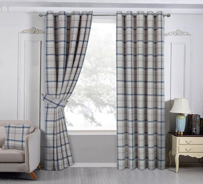 Home Curtains Hudson Woven Check Fully Lined 65w x 90d" (165x229cm) Blue Eyelet Curtains (PAIR)