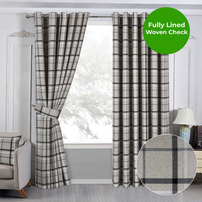 Home Curtains Hudson Woven Check Fully Lined 90w x 72d" (229x183cm) Grey Eyelet Curtains (PAIR)