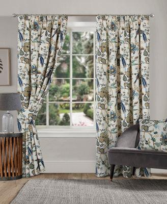 Home Curtains Kensington Fully Lined Botanical 45w x 54d" (114x137cm) Blue Pencil Pleat Curtains (PAIR)