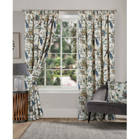 Home Curtains Kensington Fully Lined Botanical 45w x 90d" (114x229cm) Blue Pencil Pleat Curtains (PAIR)
