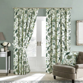 Home Curtains Kensington Fully Lined Botanical 45w x 90d" (114x229cm) Green Pencil Pleat Curtains (PAIR)
