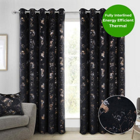 Home Curtains Lucia Thermal Interlined 45w x 54d" (114x137cm) Black Eyelet Curtains (PAIR)