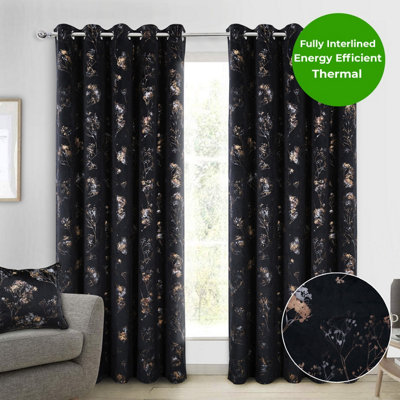 Home Curtains Lucia Thermal Interlined 90w x 90d" (229x229cm) Black Eyelet Curtains (PAIR)