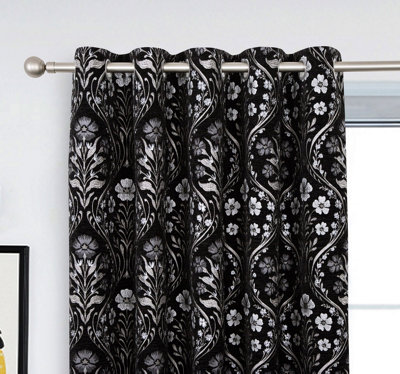 Home Curtains Luna Fully Lined Chenille 45w x 54d" (114x137cm) Black Eyelet Curtains (PAIR)