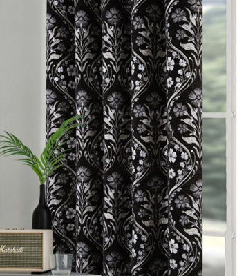 Home Curtains Luna Fully Lined Chenille 45w x 54d" (114x137cm) Black Eyelet Curtains (PAIR)