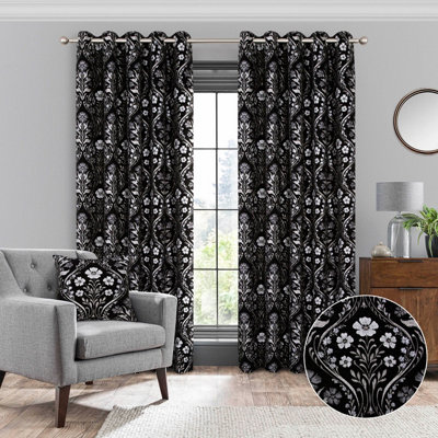 Home Curtains Luna Fully Lined Chenille 45w x 72d" (114x183cm) Black Eyelet Curtains (PAIR)