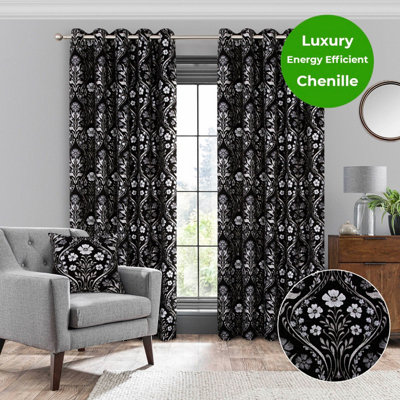 Home Curtains Luna Fully Lined Chenille 65w x 54d" (165x137cm) Black Eyelet Curtains (PAIR)