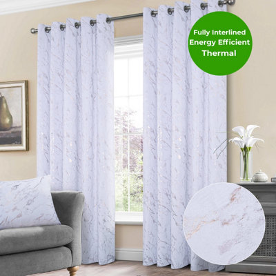 Home Curtains Mabel Metallic Super Thermal Interlined 65w x 72d" (165x183cm) White Eyelet Curtains (PAIR)