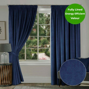 Home Curtains Montreal Super Soft Velour Fully Lined 45w x 48d" (114x122cm) Navy 3" Pencil pleat Curtains (PAIR)