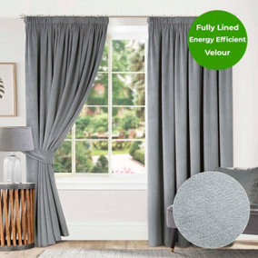Home Curtains Montreal Super Soft Velour Fully Lined 45w x 48d" (114x122cm) Soft Grey 3" Pencil pleat Curtains (PAIR)