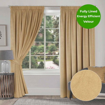 Home Curtains Montreal Super Soft Velour Fully Lined 45w x 72d" (114x183cm) Gold 3" Pencil pleat Curtains (PAIR)