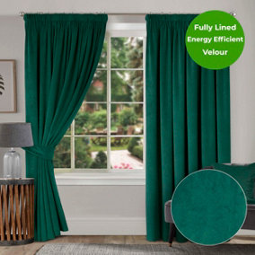 Home Curtains Montreal Super Soft Velour Fully Lined 65w x 54d" (165x137cm) Bottle Green 3" Pencil pleat Curtains (PAIR)
