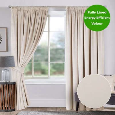 Home Curtains Montreal Super Soft Velour Fully Lined 65w x 54d" (165x137cm) Natural 3" Pencil pleat Curtains (PAIR)