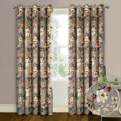 Home Curtains Oasis Floral 65w x 72d" (165x183cm) Grey Eyelet Curtains (PAIR)