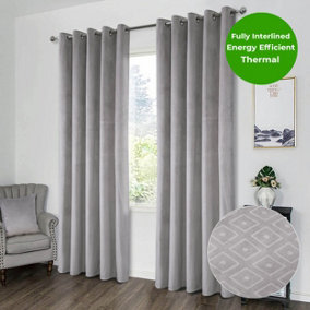 Home Curtains Otto Geometric Pattern Soft Velour Thermal Interlined 45w x 54d" (114x137cm) Pale Grey Eyelet Curtains (PAIR)