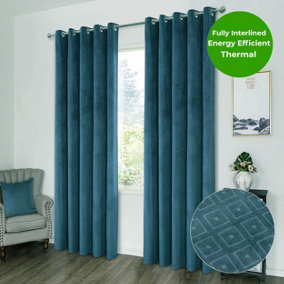 Home Curtains Otto Geometric Pattern Soft Velour Thermal Interlined 45w x 72d" (114x183cm) Dark Teal Eyelet Curtains (PAIR)