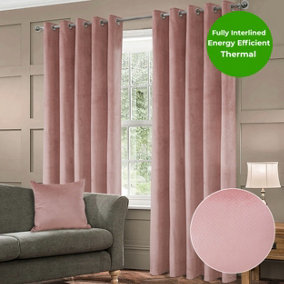 Home Curtains Otto Geometric Pattern Soft Velour Thermal Interlined 65w x 54d" (165x137cm) Blush Pink Eyelet Curtains (PAIR)