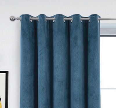 Home Curtains Otto Geometric Pattern Soft Velour Thermal Interlined 65w x 72d" (165x183cm) Dark Teal Eyelet Curtains (PAIR)