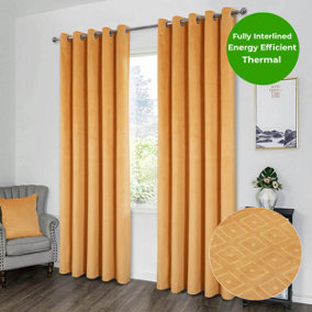 Home Curtains Otto Geometric Pattern Soft Velour Thermal Interlined 90w x 90d" (229x229cm) Ochre Eyelet Curtains (PAIR)