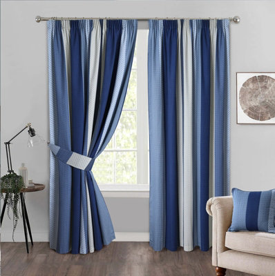 Home Curtains Seville Printed Stripe Lined 46w x 42d" (117x107cm) Blue Pencil Pleat Curtains (PAIR) With Tiebacks Included