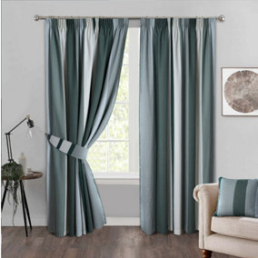Home Curtains Seville Printed Stripe Lined 46w x 42d" (117x107cm) Green Pencil Pleat Curtains (PAIR) With Tiebacks Included