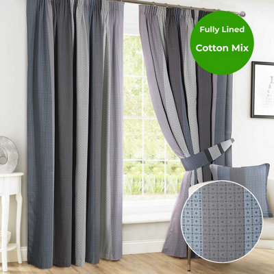 Home Curtains Seville Printed Stripe Lined 46w x 42d" (117x107cm) Grey Pencil Pleat Curtains (PAIR) With Tiebacks Included