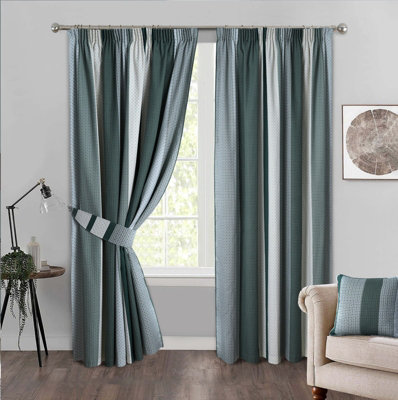 Home Curtains Seville Printed Stripe Lined 46w x 54d" (117x137cm) Green Pencil Pleat Curtains (PAIR) With Tiebacks Included