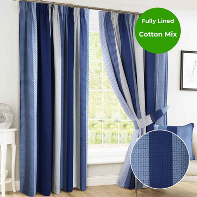 Home Curtains Seville Printed Stripe Lined 66w x 54d" (168x137cm) Blue Pencil Pleat Curtains (PAIR) With Tiebacks Included