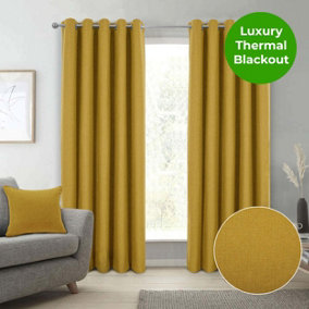 Home Curtains Spencer Faux Wool Blackout 45w x 72d" (114x183cm) Ochre Lined Eyelet Curtains (PAIR)