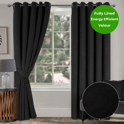 Home Curtains Thermal Interlined Soft Velour 45w x 54d" (114x137cm) Black Eyelet Curtains (PAIR)