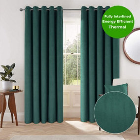 Home Curtains Thermal Interlined Soft Velour 45w x 54d" (114x137cm) Green Eyelet Curtains (PAIR)